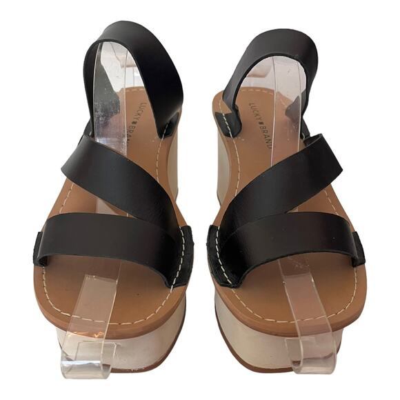 LUCKY BRAND Mimya Womens Leather Open Toe Wedge Sandals Women’s 9 Black Platform - Picture 2 of 10
